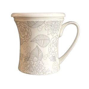 Teavana New Bone China Gray Floral Pattern Complete Mug W/ Infuser Hot Tea